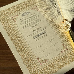 Custom Nikkah Contract Frame Nikkah Certificate Gold Islamic Wedding Certificate Muslim Wedding Gift Nikkah Feather Pen Katb Kitab Contract Print + 1 Pen