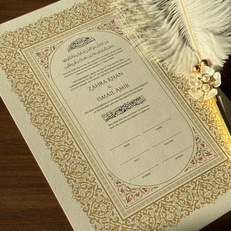 Custom Nikkah Contract Frame Nikkah Certificate Gold Islamic Wedding Certificate Muslim Wedding Gift Nikkah Feather Pen Katb Kitab Contract Print + 1 Pen