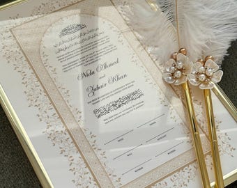 Framed Nikah Certificate Gold Frame Nikkah Contract Islamic Marriage Certificate Nikkah Gift Muslim Wedding Feather Pen Katb Kitab Contract