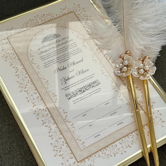Framed Nikah Certificate Gold Frame Nikkah Contract Islamic Marriage Certificate Nikkah Gift Muslim Wedding Feather Pen Katb Kitab Contract