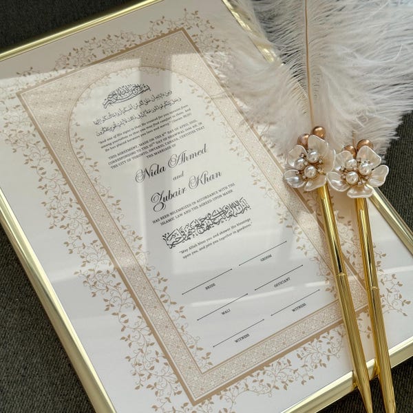 Framed Nikah Certificate Gold Frame Nikkah Contract Islamic Marriage Certificate Nikkah Gift Muslim Wedding Feather Pen Katb Kitab Contract