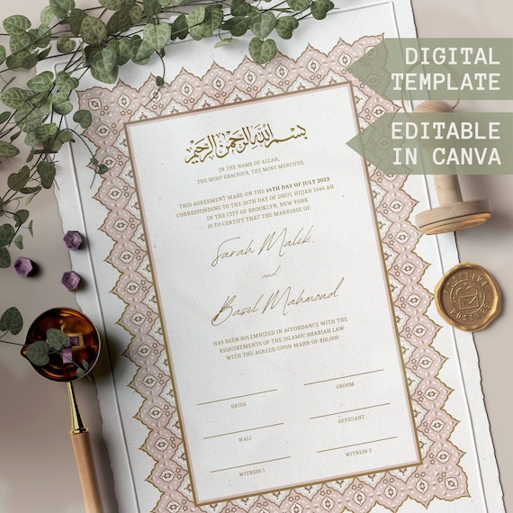 Pink Nikkah Nama Template Nikkah Certificate Template Editable Nikkah Contract Digital Template Islamic Wedding Contract Nikah Template
