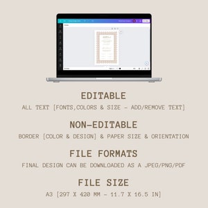 Pu&ograve; includere: Uno schermo di laptop che mostra un modello di progettazione digitale per un certificato. Il testo sullo schermo recita "Editable" e "Non-Editable". Il modello &egrave; per un certificato con un bordo, e il testo pu&ograve; essere modificato. Il certificato &egrave; in formato A3, che &egrave; 297 mm per 420 mm.