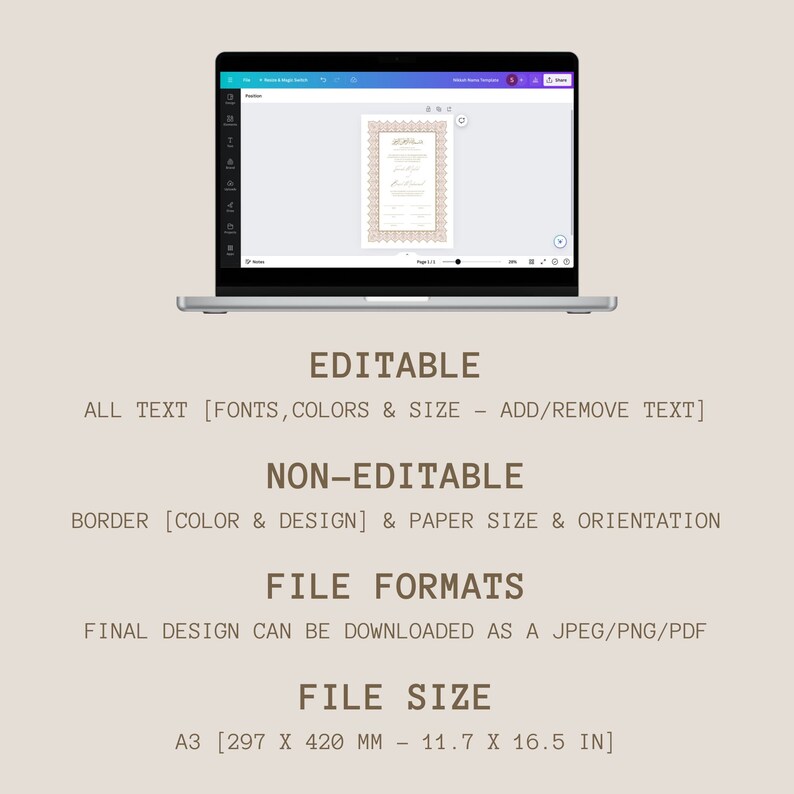 Pu&ograve; includere: Uno schermo di laptop che mostra un modello di progettazione digitale per un certificato. Il testo sullo schermo recita "Editable" e "Non-Editable". Il modello &egrave; per un certificato con un bordo, e il testo pu&ograve; essere modificato. Il certificato &egrave; in formato A3, che &egrave; 297 mm per 420 mm.