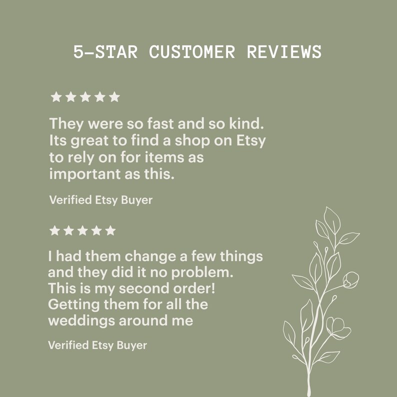 May include: Five-star customer reviews for a shop on Etsy. The reviews highlight the shop's fast shipping, kindness, and ability to make changes to orders. The reviews also mention that the shop is great for items like wedding decorations.