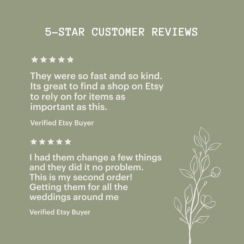 May include: Five-star customer reviews for a shop on Etsy. The reviews highlight the shop's fast shipping, kindness, and ability to make changes to orders. The reviews also mention that the shop is great for items like wedding decorations.