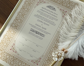 Custom Nikkah Contract Frame Nikkah Certificate Gold Islamic Wedding Certificate Muslim Wedding Gift Nikkah Feather Pen Katb Kitab Contract