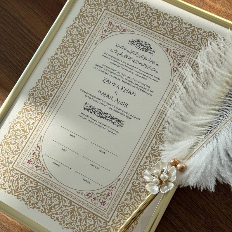 Custom Nikkah Contract Frame Nikkah Certificate Gold Islamic Wedding Certificate Muslim Wedding Gift Nikkah Feather Pen Katb Kitab Contract Print + Frame + 1Pen