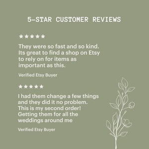 May include: Five-star customer reviews for a shop on Etsy. The reviews highlight the shop's fast shipping, kindness, and ability to make changes to orders. The reviews also mention that the shop is great for items like wedding decorations.