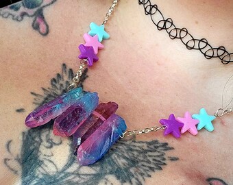 Pastel Quartz Crystal Necklace / Pink-Purple-Blue Pastel Quartz Crystal Necklace