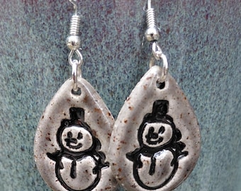 Snowman Earrings, Handmade Ceramic Christmas Earrings, Silver Snowman Dangles, Winter Holiday Jewelry