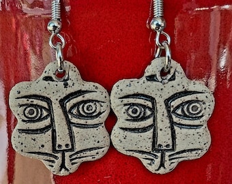 Cat Face Earrings, Handmade Ceramic Dangle Jewelry – Unique Artisan Design