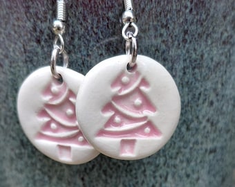 Pink Christmas Tree Earrings, Handmade Ceramic Holiday Earrings, Pastel Pink Christmas Jewelry