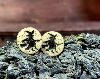 Handmade Ceramic Witch Earrings, Witch on Broom, Halloween Studs, Mystical Jewelry