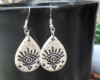 Handmade Speckled Clay Evil Eye Teardrop Earrings – Boho Talisman Jewelry