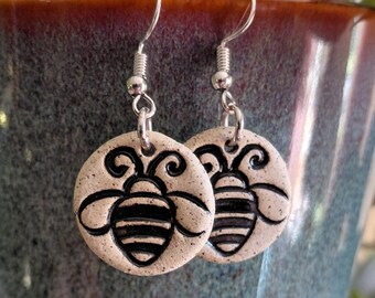 Handmade Ceramic Bee Earrings, Rustic Speckled Pottery Dangle Jewelry
