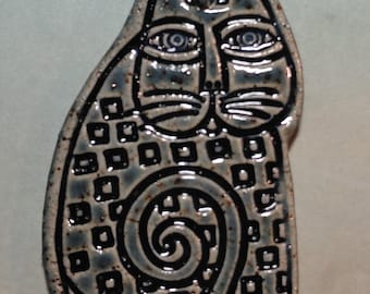 Ceramic Folk Art Cat Pendant Necklace Tribal Style Clay
