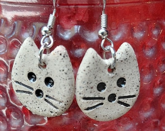 Ceramic Cat Earrings, Handmade Cat Face Dangles, Speckled Kitty Earrings, Cat Lover Gift