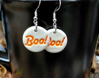 Boo Halloween Earrings, Handmade Ceramic Ghost Earrings, Orange and White Halloween Jewelry, Spooky Season Dangle Earrings
