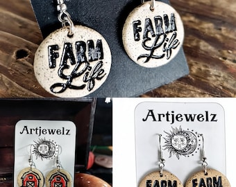 Handmade Ceramic Farmhouse Earrings, Rustic Barn Clay Jewelry, Country Gift