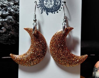 Handmade Copper Glitter Resin Crescent Moon Earrings | Celestial Dangle Jewelry