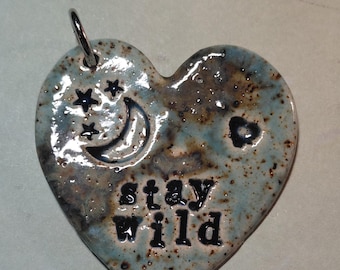 Handmade Ceramic Heart Pendant Necklace, Moon Stars Charm, Boho Nature Jewelry