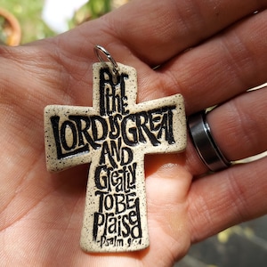Ceramic Cross Pendant Psalm 96:4 – Hand-Lettered Scripture Pottery Necklace
