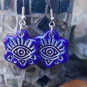 Indigo Blue Evil Eye Ceramic Earrings, Boho Dangle Pottery Jewelry, Protection Symbol