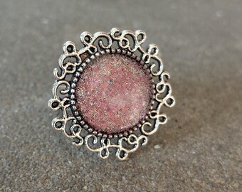 Handmade Pink Glitter Resin Ring, Vintage Style Adjustable Statement Cabochon