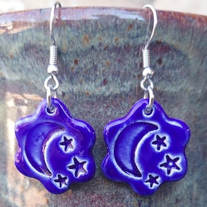 Celestial Moon & Star Earrings Blue Ceramic Handmade