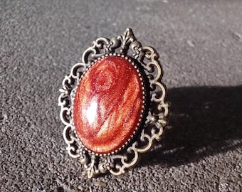 Vintage Style Orange Goldstone Ring Adjustable Filigree Statement Ring