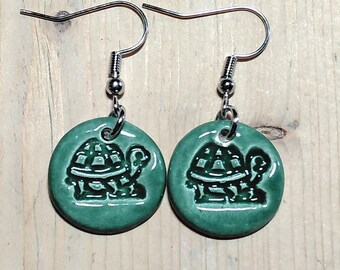 Green Turtle Ceramic Disc Earrings – Stamped Pottery Dangles, Nature Jewelry
