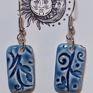 Blue Ceramic Rectangle Earrings: Hand Stamped, Glossy Dangle