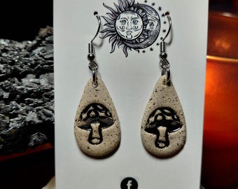 Handmade Black Mushroom Ceramic Earrings | Gothic Cottagecore Dangles