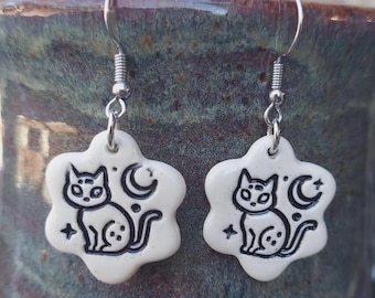 Handmade Ceramic Black Cat Moon Earrings, Witchy Jewelry