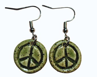 Olive Green Peace Sign Ceramic Dangle Earrings – Handmade Boho Hippie Pottery Jewelry
