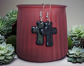 Solid Black Cross Earrings Handcrafted Pottery Jewelry