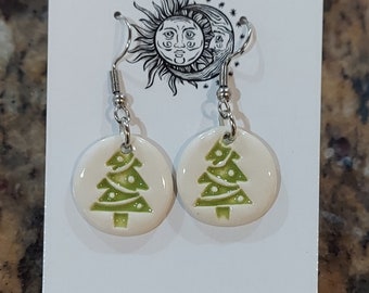 White Handmade Ceramic Christmas Tree Stamped Holiday Earrings Hypoallergenic