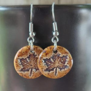Autumn Ceramic Earrings, Maple Leaf Design, Earthy Brown (Handmade)