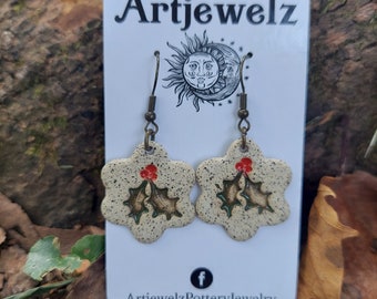 Speckled Ceramic Christmas Holly Stamped Holiday Earrings Hypoallergenic