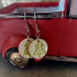Handcrafted White Ceramic Green Christmas Tree Stamped Holiday Earrings Hypoallergenic image 1