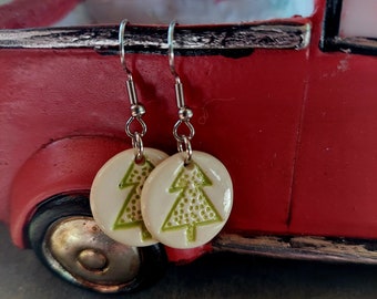 Handcrafted White Ceramic Green Christmas Tree Stamped Holiday Earrings Hypoallergenic