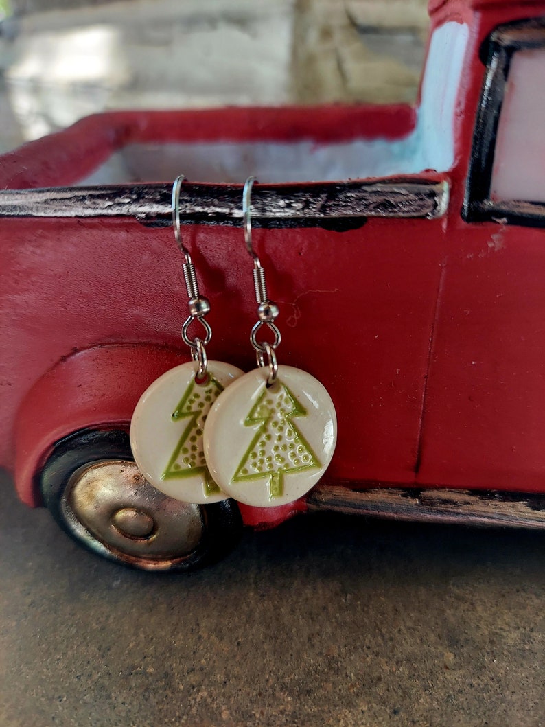 Handcrafted White Ceramic Green Christmas Tree Stamped Holiday Earrings Hypoallergenic image 1