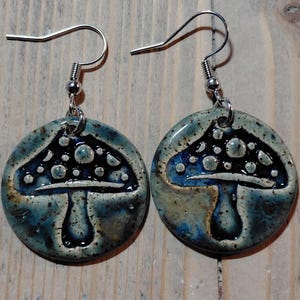 Handmade Ceramic Mushroom Earrings – Blue Glazed Pottery, Nickel Free
