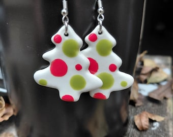 Christmas Tree Dangle Earrings, Handmade Ceramic Holiday Jewelry, Red and Green Polka Dots