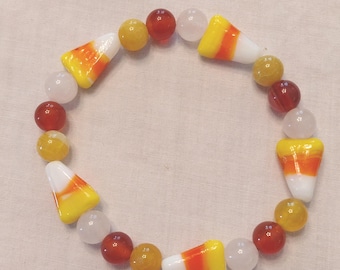 Candy Corn Stretch Bracelet Glass Bead Halloween Jewelry Handmade Fall Bracelet