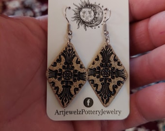 Black Ornate Design Handmade Clay Speckled Ceramic Earrings