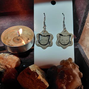 Vintage Look Black Cat Face Handmade Clay Speckled Ceramic Earrings