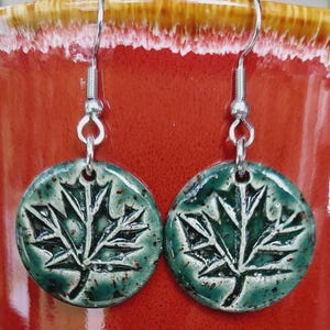 Green Leaf Pottery Earrings - Handcrafted Stoneware, Glossy Finish