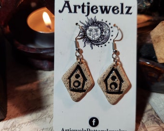 Handcrafted Speckled Ceramic Birdhouse Earrings Hypoallergenic